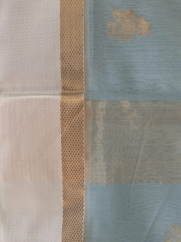 Sky Blue Maheshwari Silk-Cotton Saree with Zari Lines and Resham Border - Image 5