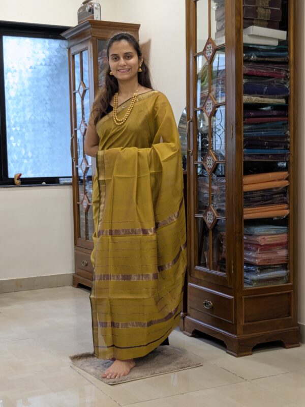 Full front view of sonsali golden handloom Maheshwari saree featuring striped design and elegant golden sheen.
