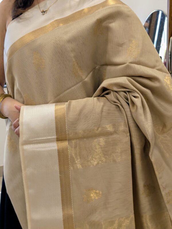 Close-up of beige Maheshwari silk cotton saree with floral motifs, white resham border