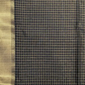 Close-up of black Maheshwari silk-cotton saree with zari checks, medium border
