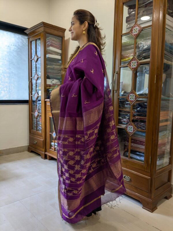 Side view of magenta saree showing elegant drape, textured weave, and intricate motif detailing.