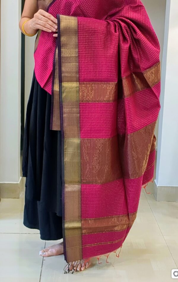 Detailed image of zari-checked pallu with fine gold threadwork adding festive charm.