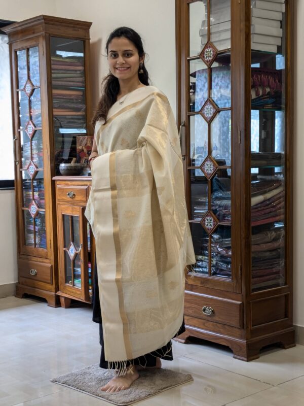 Full front view of elegant white handloom Maheshwari saree featuring soft floral design and traditional charm.