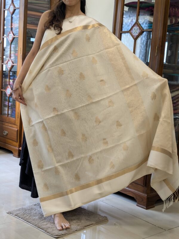 Full front view of elegant white handloom Maheshwari saree featuring soft floral design and traditional charm.