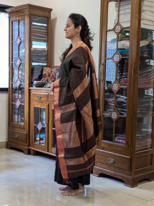Side view showing the graceful drape and intricate zari checks of this handwoven Maheshwari saree.
